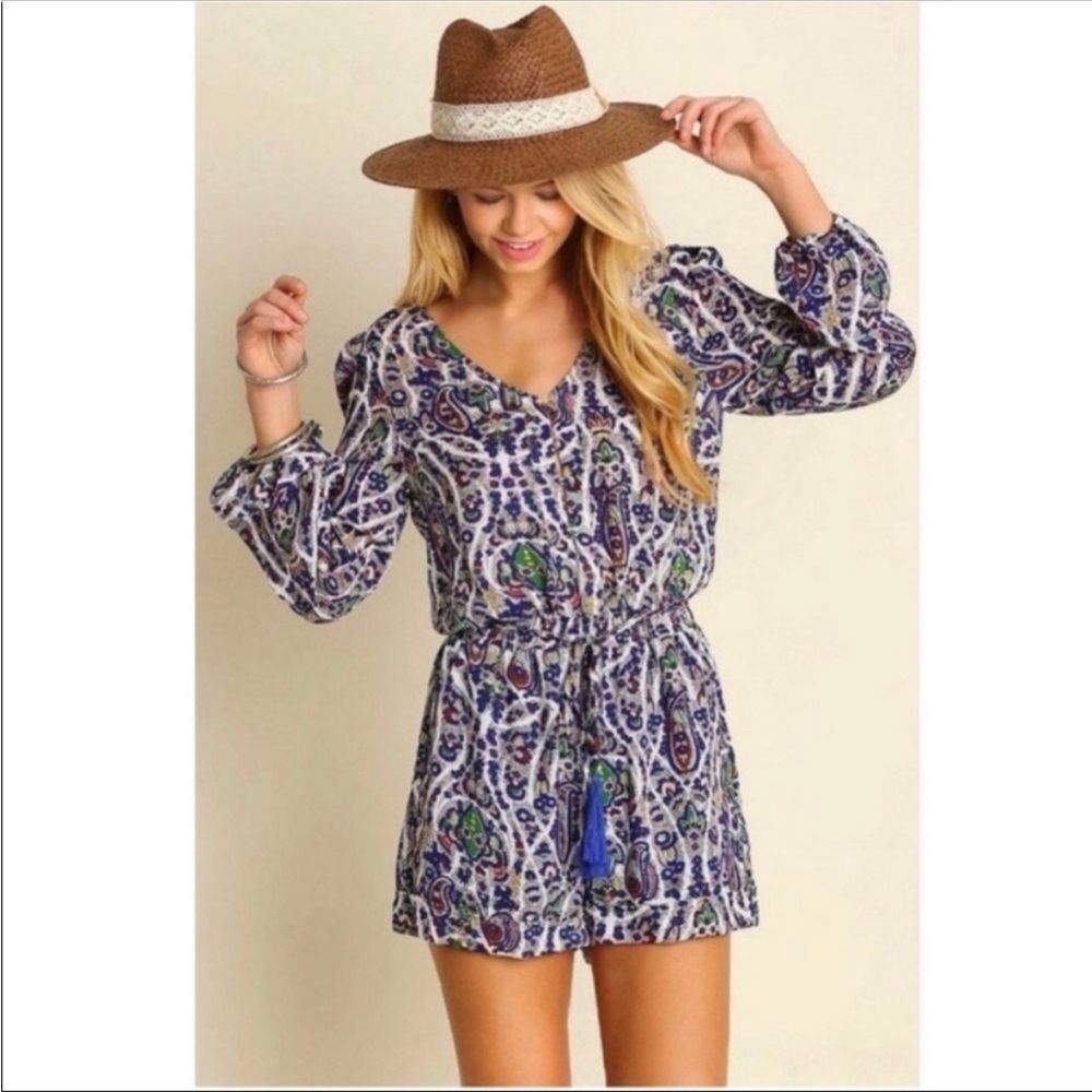 Umgee Hippie boho Blue Paisley Tassle Bell Long Sleeve Spring Summer Romper